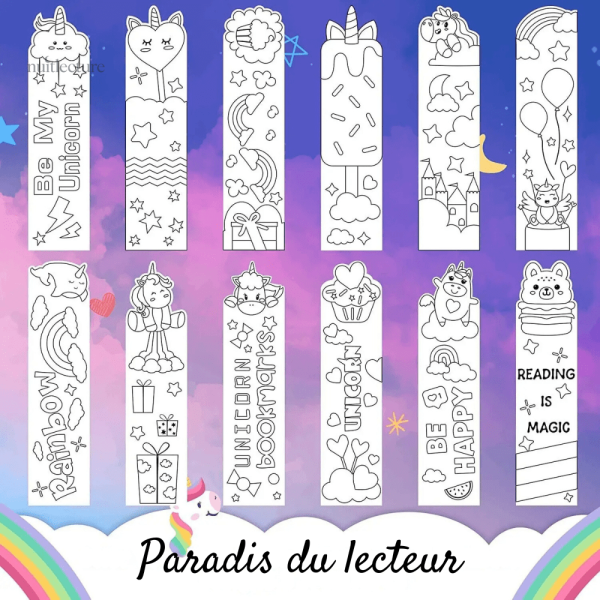 Ensemble de marque-pages à colorier licornes magiques