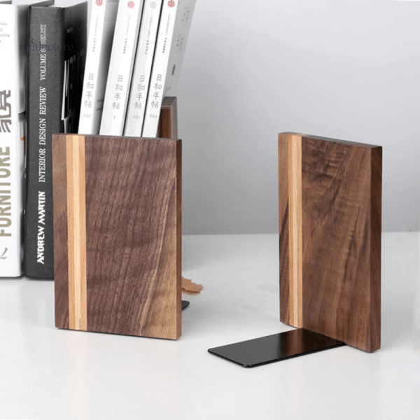 Support de livres en noyer, objet fonctionnel en bois